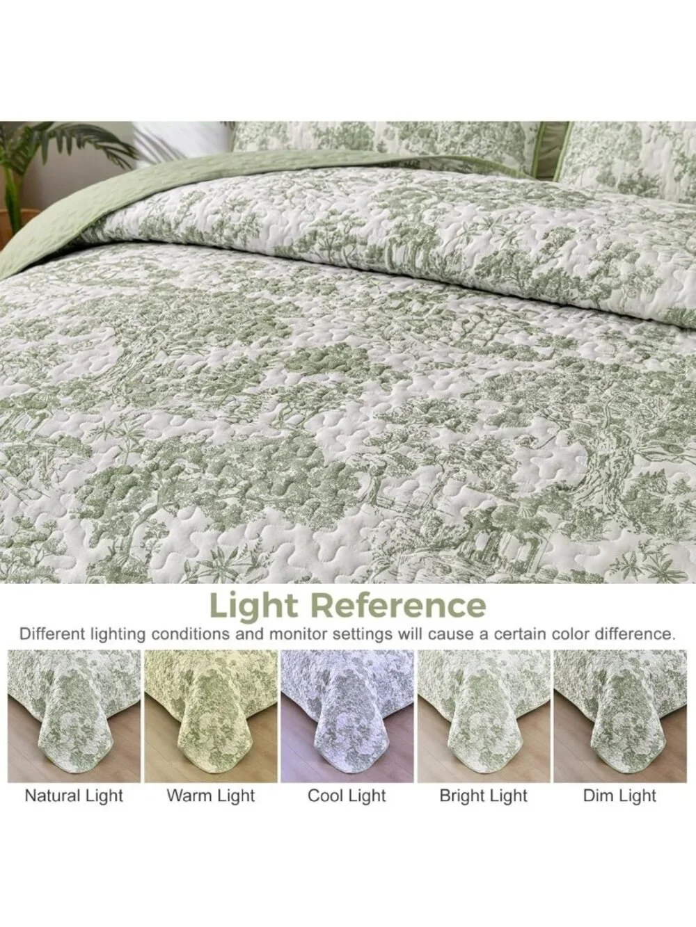 Sage Green King Quilt Set - Reversible Floral Botanical Bedding, 3-Piece